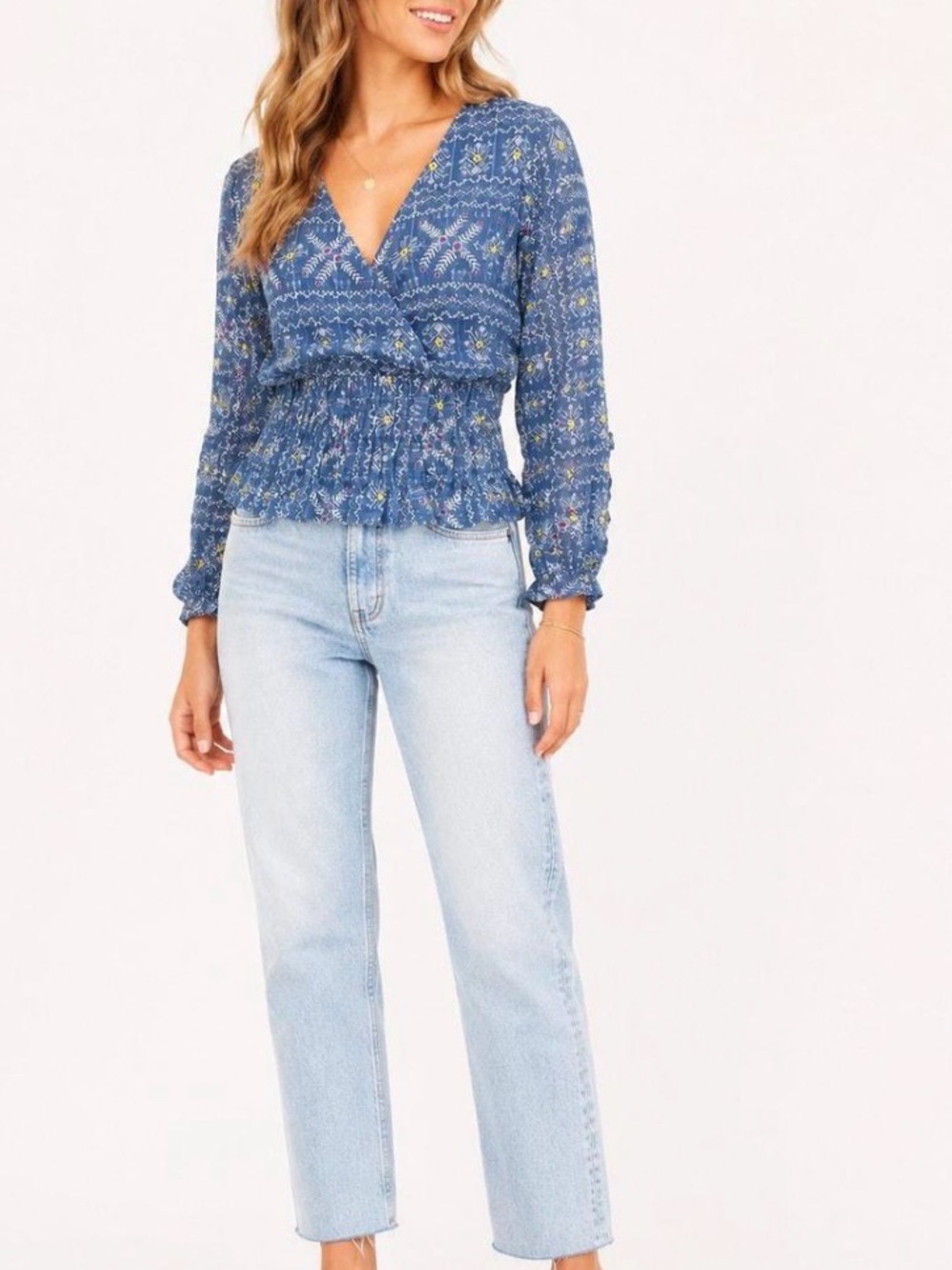 Anthropologie Blue Floral Embroidered V-Neck Peplum Blouse